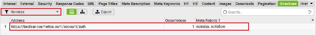 בדוגמה: עמוד account/auth מחזיר הוראת noindex. כתובת של כניסה לחשבון אינה עמוד שיווק רגיל.