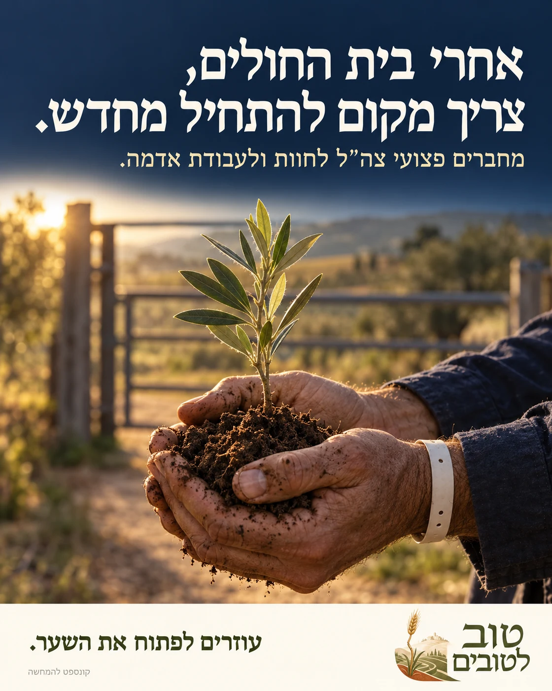 מודעת קונספט לטוב לטובים: ידיים בשרוולים ארוכים אוחזות אדמה ושתיל זית, עם צמיד בית חולים ושער חווה ברקע. הכותרת: אחרי בית החולים, צריך מקום להתחיל מחדש.